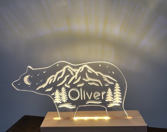 Night Light woodland bear forest outdoors mountain custom Personalized name reading light table bedrooom