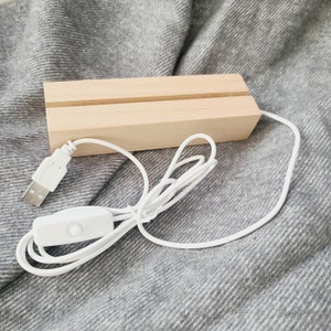 May include: A light-colored wooden display base with two grooves, a white USB cable, and an on/off switch. The base is rectangular and designed to hold a small item. The cable and switch are white.