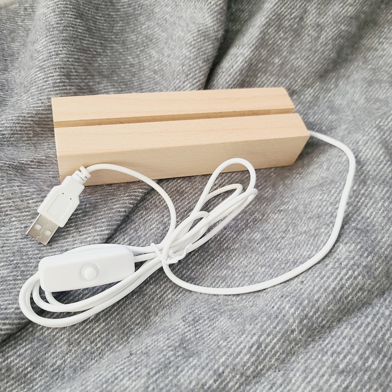 May include: A light-colored wooden display base with two grooves, a white USB cable, and an on/off switch. The base is rectangular and designed to hold a small item. The cable and switch are white.