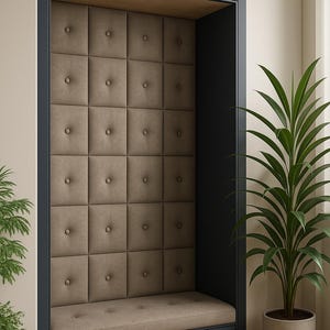 Może przedstawiać: Wbudowana część wypoczynkowa z wyściełanym oparciem i siedziskiem. Oparcie składa się z kwadratowych paneli pikowanych guzikami w neutralnym odcieniu. Rama jest granatowa, a przestrzeń jest akcentowana przez roślinę doniczkową i drewnianą podłogę.