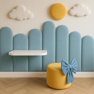 May include: A child's room design with a yellow ottoman and a blue bow, a white shelf, and blue wall panels. The wall is decorated with cloud and sun shapes, creating a playful and inviting atmosphere.