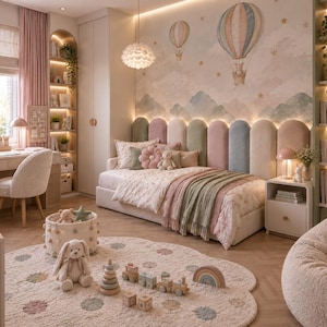 Könnte beinhalten: Ein Schlafzimmer mit einem Tagesbett und einem mehrfarbigen, vertikalen Paneel-Kopfteil in Rosa-, Grün- und Blautönen. Der Raum umfasst einen Schreibtisch, einen Stuhl, einen Nachttisch, einen Sitzsack und einen wolkenförmigen Teppich mit Holzspielzeug.