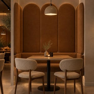 May include: A dining booth featuring a tall, arched, rust-colored upholstered backrest. A square wooden table with a black pedestal base sits in front of the booth, accompanied by two light-colored, textured fabric chairs with wooden frames.