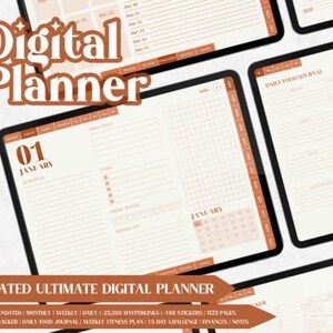 Può includere: Un planner digitale con uno schema di colori marrone e bianco. Il planner include un diario alimentare giornaliero, un piano di fitness settimanale e una sfida di 15 giorni. Il planner non è datato e include 25.000 collegamenti ipertestuali, 188 adesivi e 1.123 pagine.