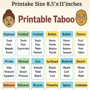 printable Taboo game, Taboo game, Forbidden Words, Instant download, Taboo Cards , Printable School Games for Kids, Classroom Taboo Game