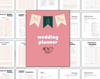 May include: A pink wedding planner with a Mr. & Mrs. banner and a ring illustration. The planner includes checklists, budget pages, and venue comparison pages.
