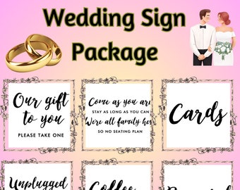May include: A set of six wedding signs with black calligraphy text on white backgrounds. The signs include "Our gift to you", "Come as you are", "Cards", "Unplugged Ceremony", "Coffee Bar", and "Reserved".