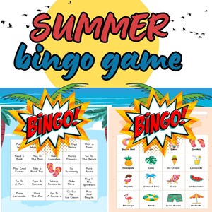 Bingo de verão, cartões de bingo de verão para impressão, jogos divertidos de verão, atividades infantis, adultos, acampamento de verão, férias, jogos de viagens para festas de aniversário