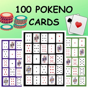 Afdrukbaar Pokeno-kaartspel | 100 Keno pokerkaarten set 1-4 kleuren | Pokerborden | Pokerbingokaarten | Digitaal keno-pokerspel | afdrukbaar