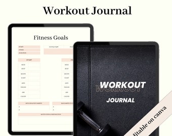 May include: A black workout journal with the text "Workout Journal" in white. The journal is next to a digital tablet displaying fitness goals. The text "Printable size 8.5X11inches or A4 size" is at the top.