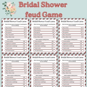 May include: A printable bridal shower game with a red and white border. The game is called "Bridal Shower Feud Game" and asks players to choose the best way to incorporate "something blue" into the wedding. The game includes options like blue shoes, blue jewellery, blue garter, blue nail polish, blue ribbon tied, photo booths, signature cocktails, destination weddings, food trucks, and DIY decorations.