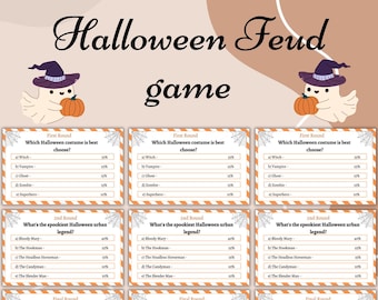 May include: A Halloween-themed game board with three rounds of questions. Each round has a different theme: Halloween costumes, spooky urban legends, and classic Halloween decorations. The game board features a cute ghost illustration with a pumpkin.