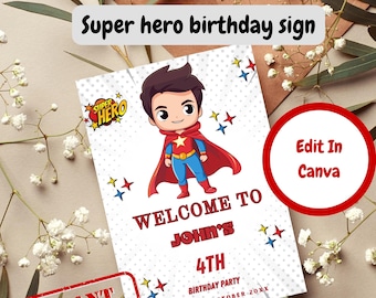 Personalized Superhero Birthday Sign | Editable Superhero Party Welcome Sign | Custom Hero Birthday Poster | Canva Template
