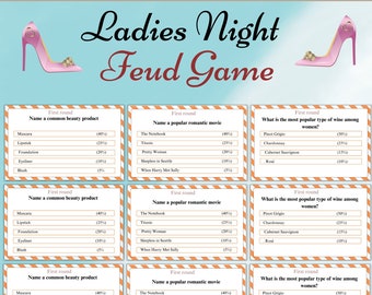 Peut inclure: Un plateau de jeu imprimable avec une chaussure à talon haut rose de chaque côté. Le plateau est divisé en neuf sections, chacune avec une question différente pour un "Ladies Night Feud Game". Les questions portent sur les produits de beauté courants, les films romantiques populaires et le type de vin le plus populaire parmi les femmes. Les réponses sont listées avec des pourcentages.