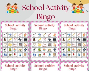 May include: Six printable bingo cards with a pink and white striped border. Each card has a title that says "School Activity Bingo". The cards are filled with images of school supplies, such as a pen, eraser, ruler, book, textbook, highlighter, scissors, calculator, computer, whiteboard, folder, free space, teacher's desk, staple, bell, lunchbox, bag, school bus, shoe, uniform, crayon, paper clip, socks, and dictionary.