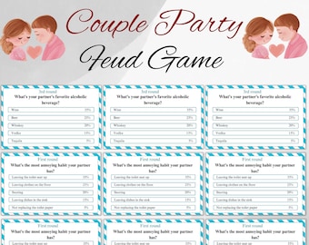 May include: A printable game for couples called "Couple Party Feud Game" with a blue and white striped background. The game has three rounds, with questions about favorite alcoholic beverages and annoying habits. The game is designed for a party setting and includes percentages for each answer.