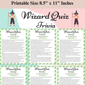 May include: Three printable 8.5 x 11 inch green and white striped cards with the text "Wizard Quiz Trivia" in a green banner. Each card has a different round of trivia questions about wizards, with answers listed below each question.