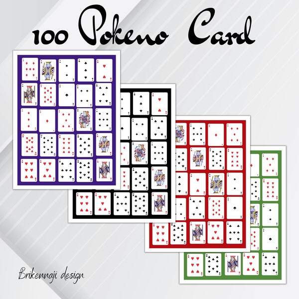 Printable Pokeno card game |100 Poker Keno Cards Set 1-4 Colors | Pokeno Boards | Poker Bingo Cards | Digital poker keno game | printable