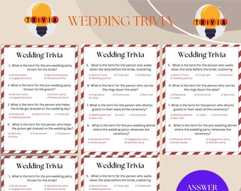 May include: Printable wedding trivia game with red and white borders. The game features questions about wedding traditions and terminology. The answer page is included.