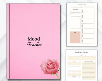 May include: Printable mood tracker journal with a pink cover and a rose illustration. The journal includes sections for weekly mood tracking and monthly goals.