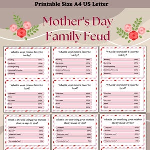 Peut inclure: Un jeu de société imprimable "Family Feud" pour la fête des mères avec trois cartes rayées rose et blanches. Chaque carte contient une question sur le passe-temps préféré d'une mère, sa nourriture préférée ou ce qu'elle dit toujours à son enfant. Les réponses sont listées avec des pourcentages à côté.