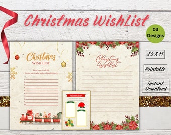 Op de afbeelding: Een set afdrukbare kerstwensenlijsten. Het hoofdontwerp toont de tekst "Christmas Wish List" en een lijst. De set bevat een kleine "My Christmas Wishes" kaart en een gelijnde pagina, in A4-formaat.