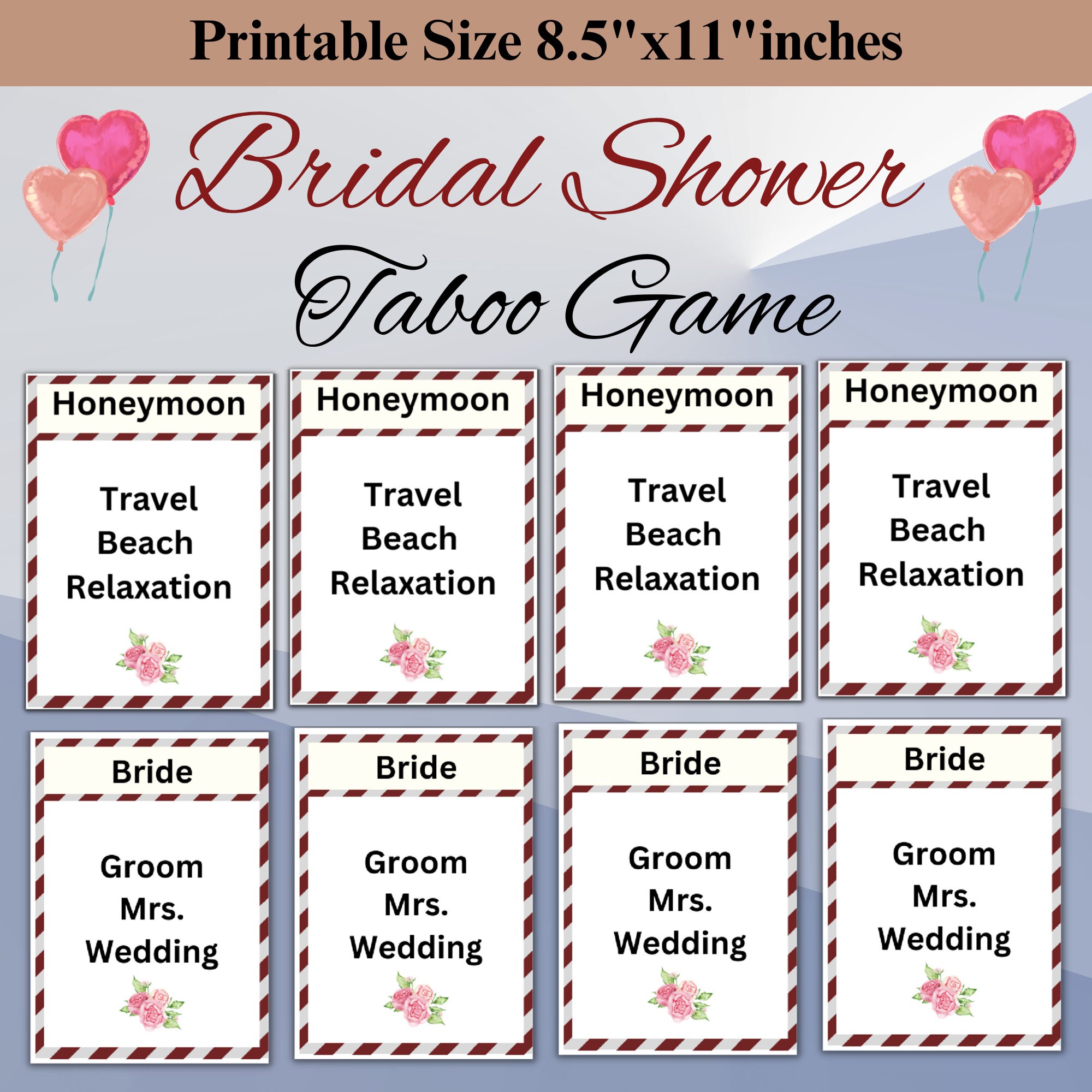 Bridal Shower Taboo Game, Printable Bridal Shower Taboo Game, Bridal ...