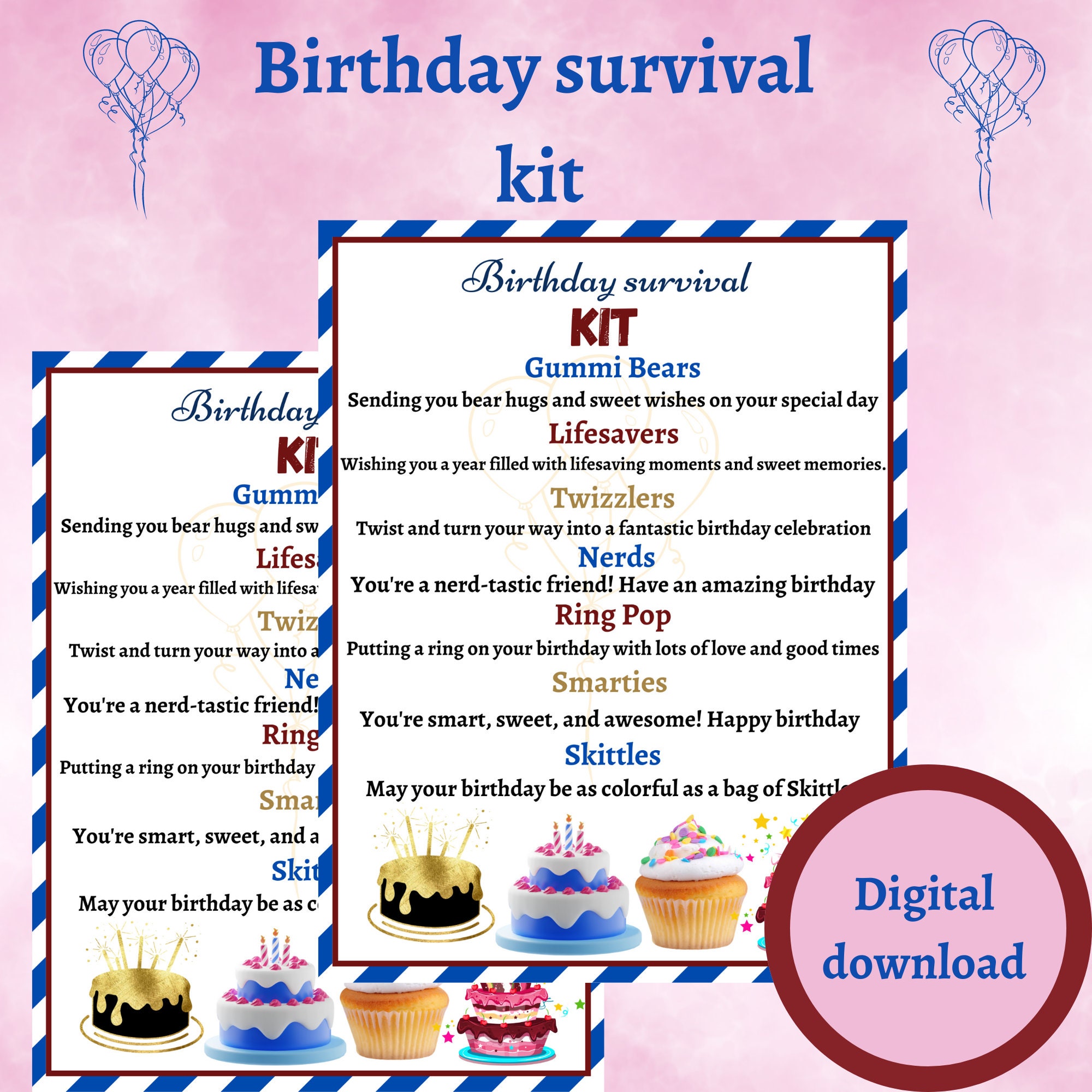 Birthday Survival Kit Digital Gift Tag, Printable Happy Birthday ...