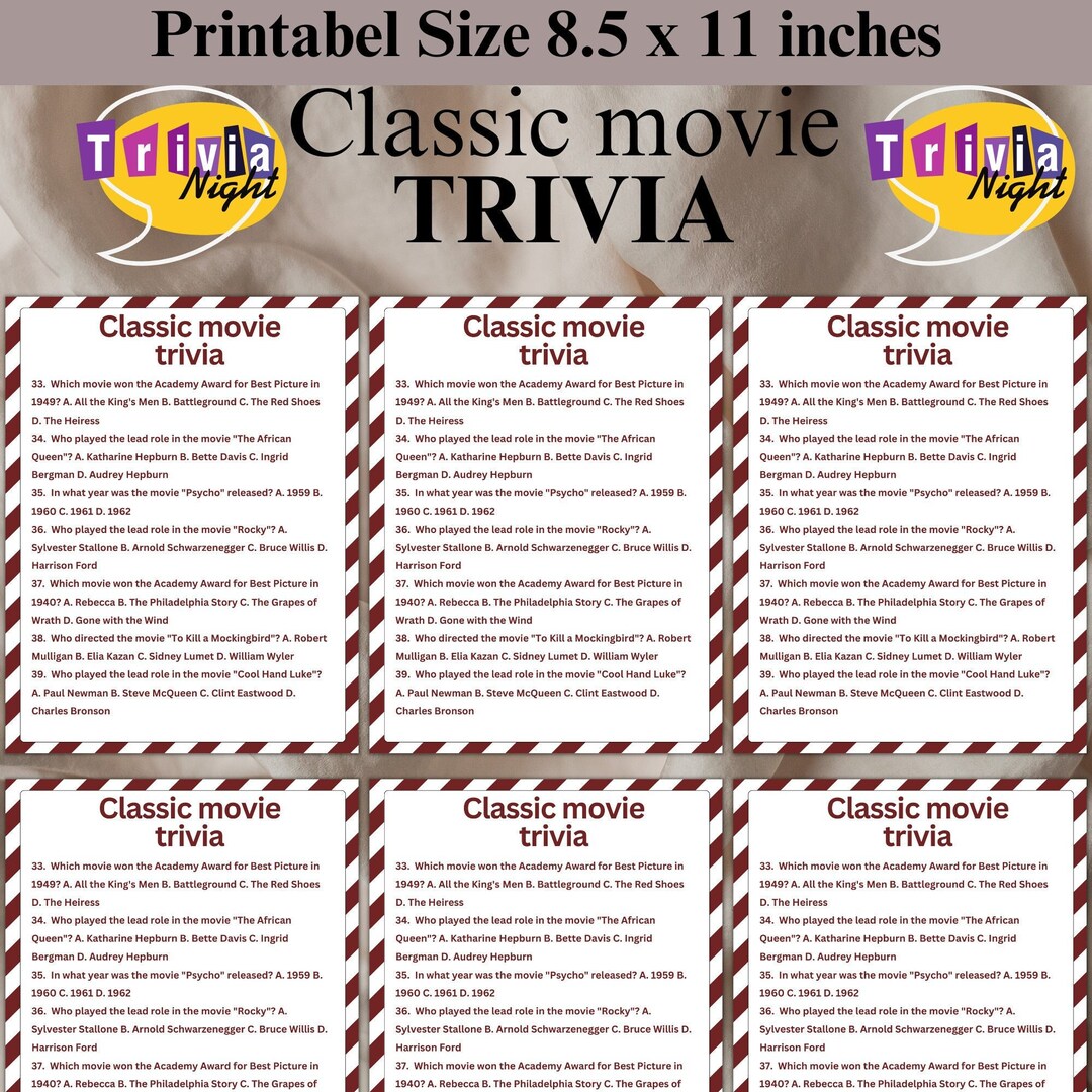 Classic Movie Trivia, Printable Classic Movie Trivia, Classic Movie