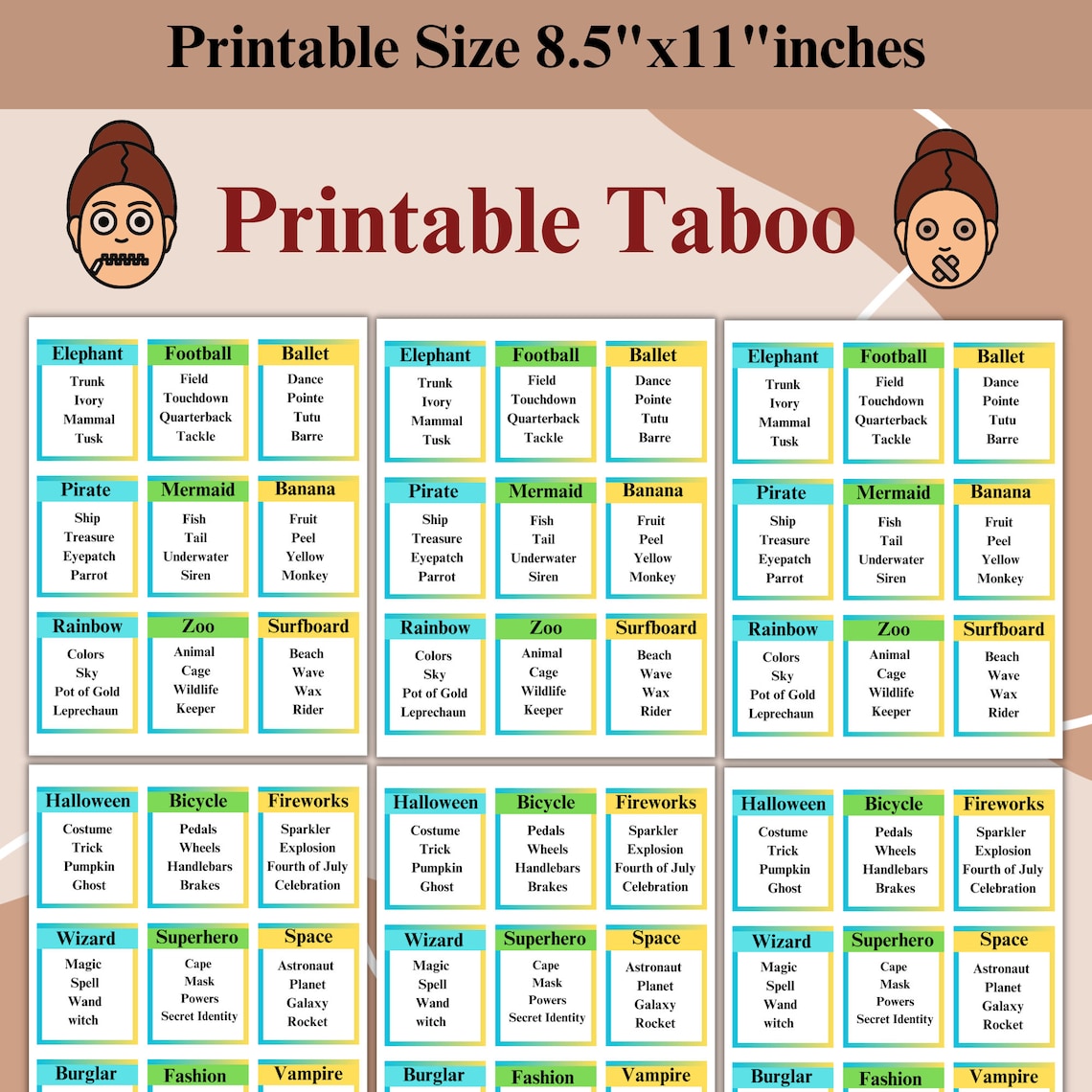Printable Taboo Game, Taboo Game, Forbidden Words, Instant Download ...