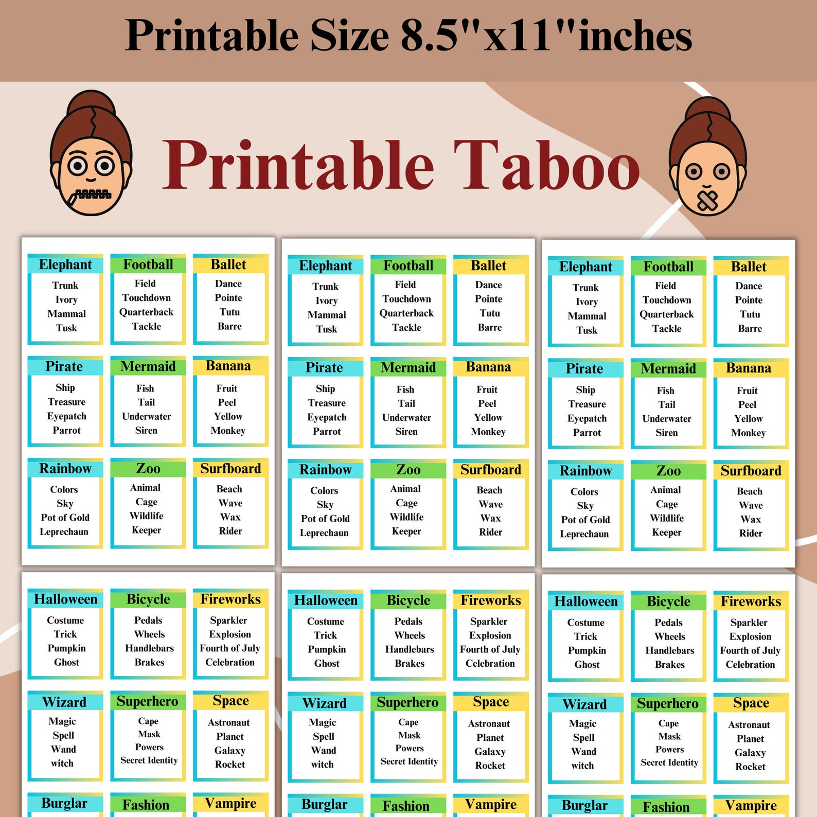 Printable Taboo Game, Taboo Game, Forbidden Words, Instant Download ...