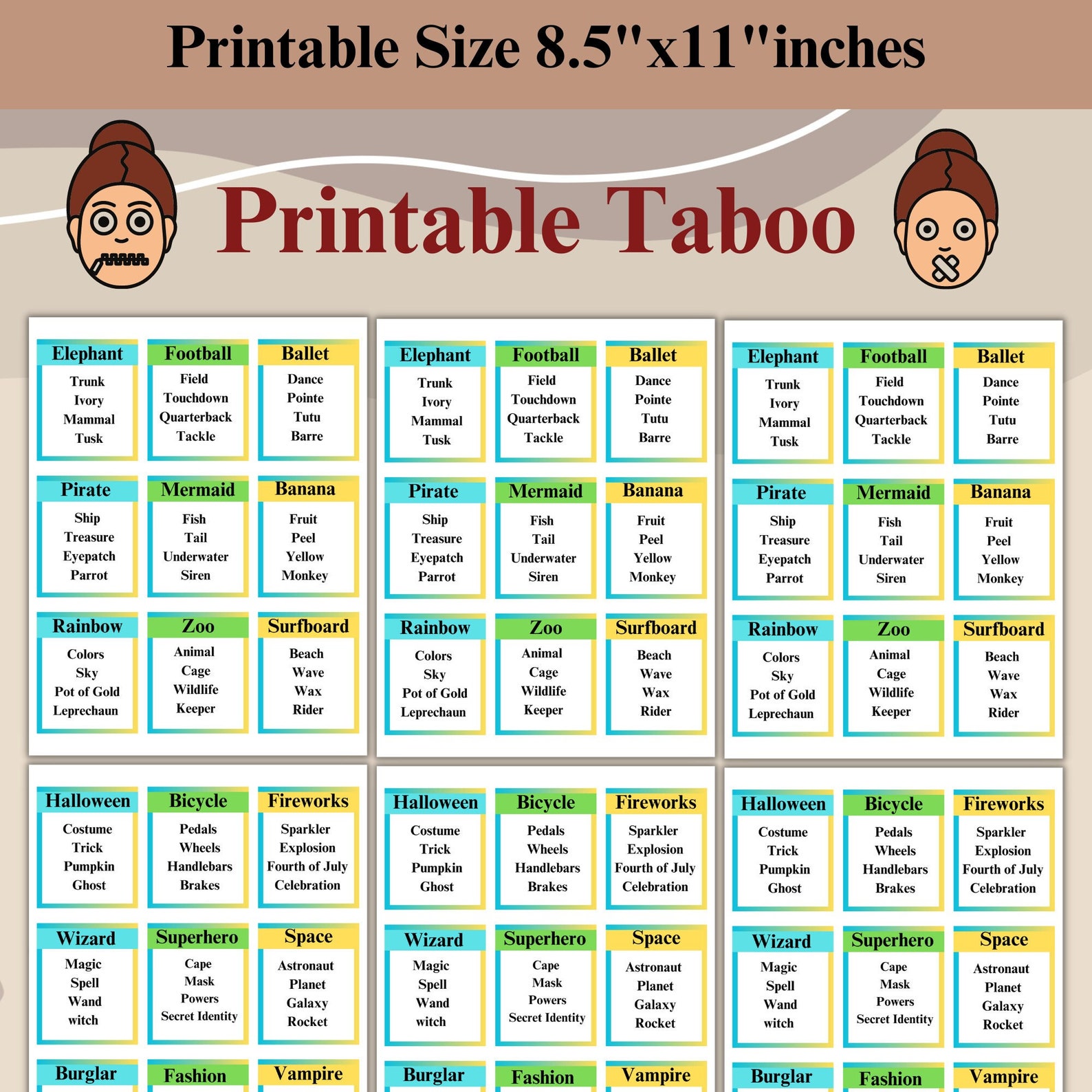 Printable Taboo Game, Taboo Game, Forbidden Words, Instant Download ...