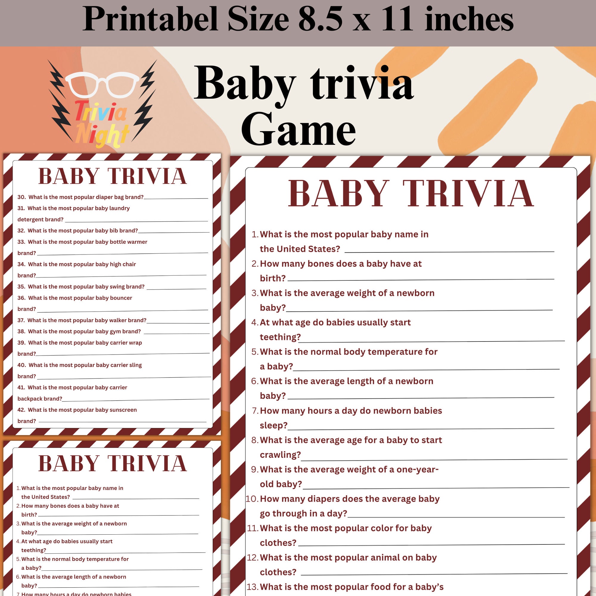 Baby Shower Trivia Game, Printable Baby Game, Trivia, Instant Download