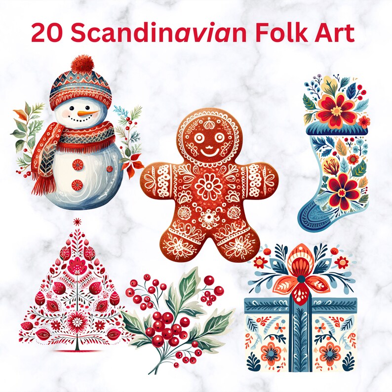 Scandinavian Folk Art Christmas Printable Clipart Set of 20, Nordic Prints, Bedroom Living Room ...