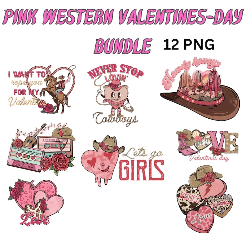 12 PNG Printable Pink Western Valentine's Day Bundle Cute Cowgirl Rodeo ...