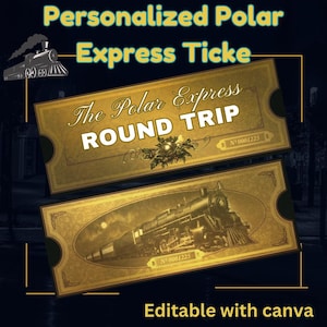 Personalisiertes Polar Express Ticket zum Ausdrucken - Bearbeitbare Canva-Vorlage, Nordpol-Eintritt, digitaler Download, Vorder- und Rückseitendesign.