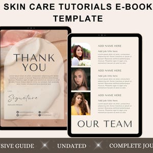 Könnte beinhalten: Eine digitale Vorlage für ein E-Book über Hautpflege-Tutorials. Die Vorlage enthält eine Dankesbotschaft, eine Signaturzeile und einen Abschnitt für ein Team von Mitwirkenden. Die Vorlage hat ein hellrosa und weißes Farbschema.