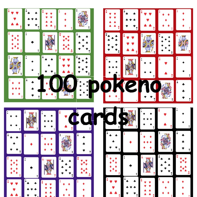 Printable Pokeno card game 100 Poker Keno Cards Set 1-4 Colors Pokeno Boards Poker Bingo Cards Digital poker keno game printable image 3