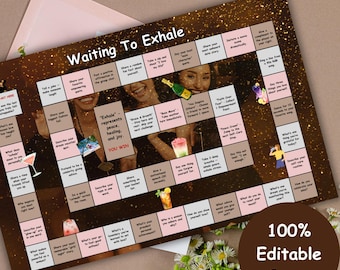 Könnte beinhalten: Ein Brettspiel mit dem Titel "Waiting To Exhale" mit einem goldenen Glitzerhintergrund. Das Spiel enthält Felder mit Aufforderungen und Bildern, darunter ein Text mit der Aufschrift "Exhale steht für Frieden, Heilung und Freude". In der unteren rechten Ecke steht "100% Editable Canva."