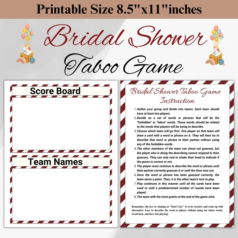Bridal Shower Taboo Game, Printable Bridal Shower Taboo Game, Bridal ...