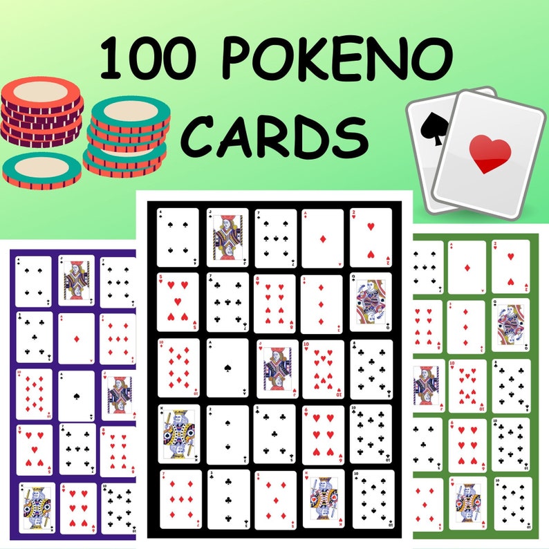 Printable Pokeno card game 100 Poker Keno Cards Set 1-4 Colors Pokeno Boards Poker Bingo Cards Digital poker keno game printable image 1