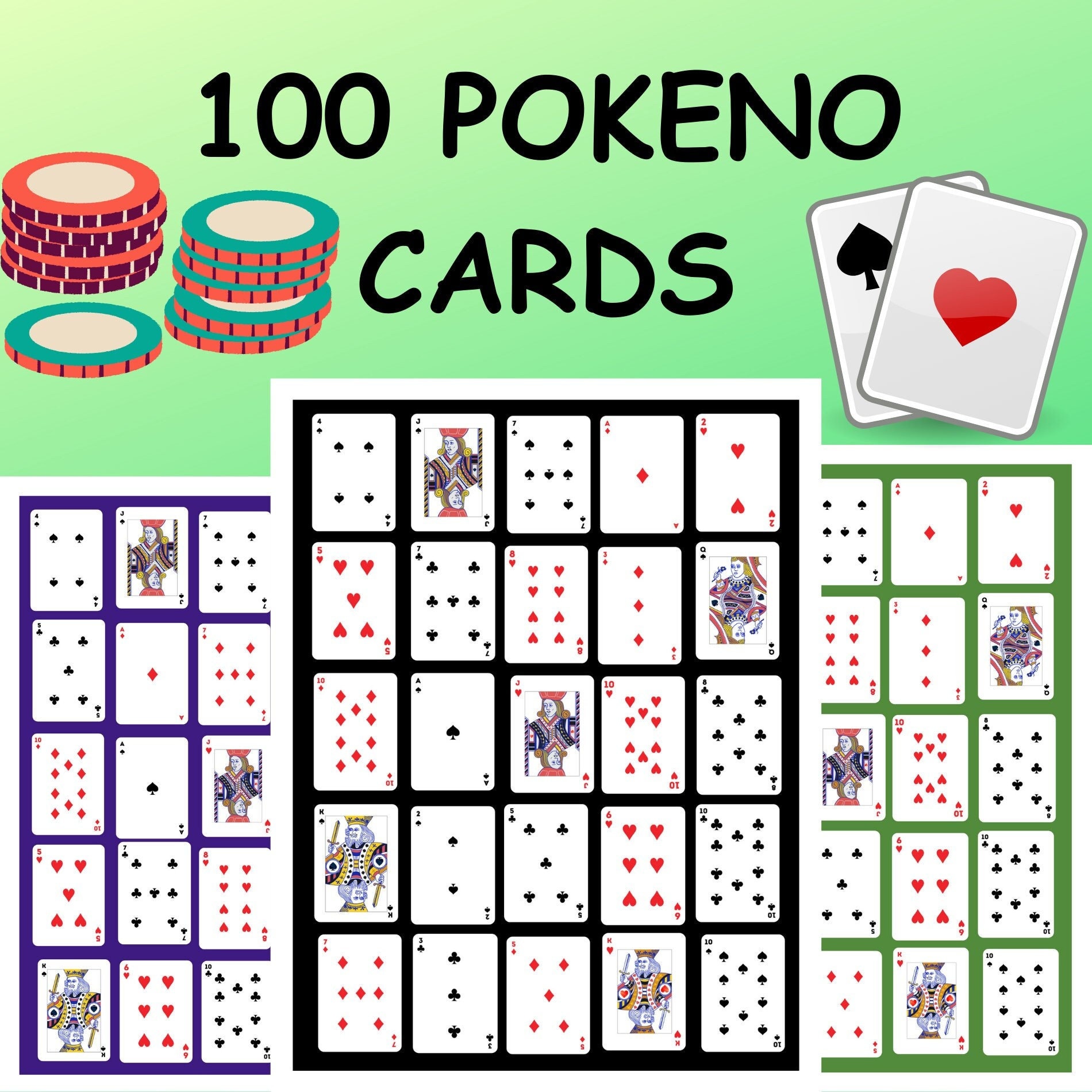 Printable Pokeno Card Game 100 Poker Keno Cards Set 14 Colors Pokeno