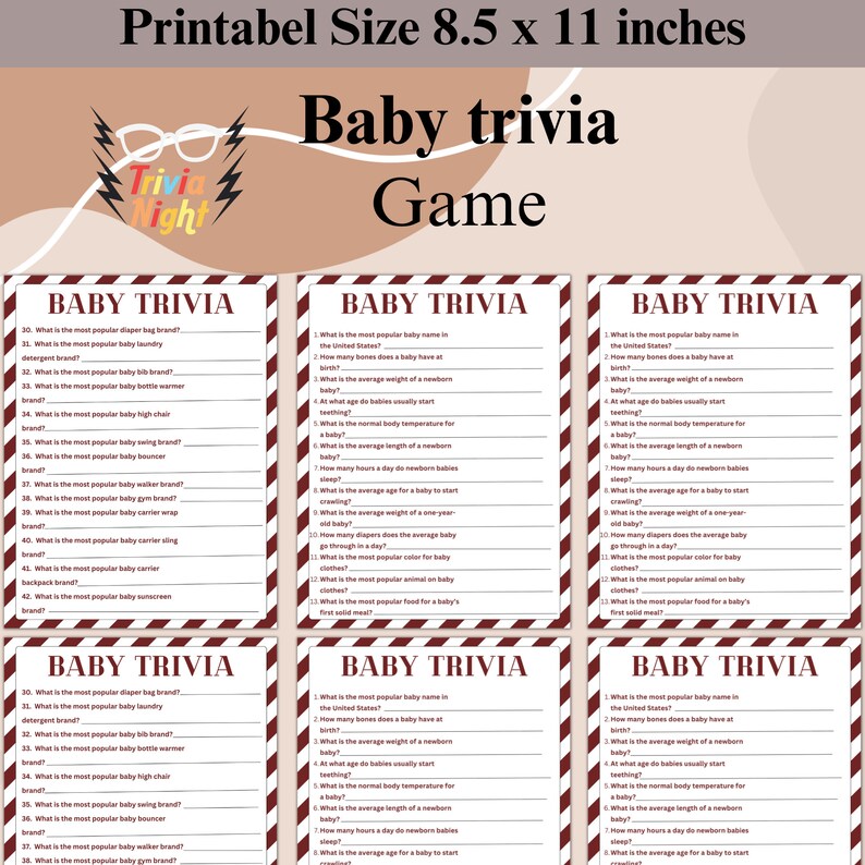 Baby Shower Trivia Game, Printable Baby Game, Trivia, Instant Download