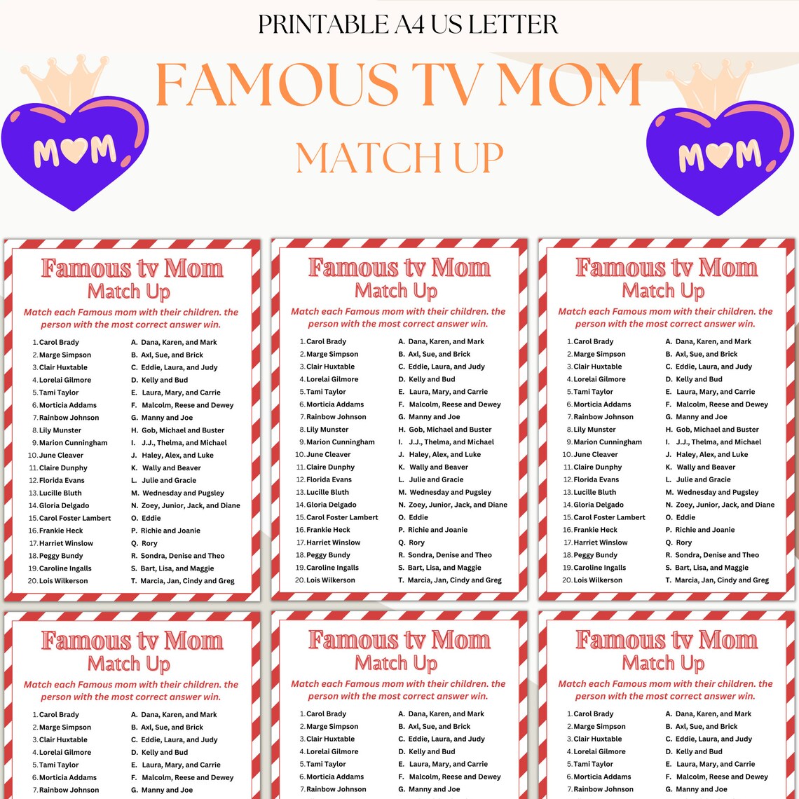 Famous TV Mom Match up Game Printable.printable Activity Family Party ...