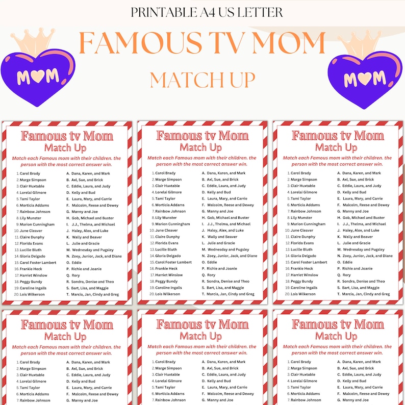 Famous TV Mom Match up Game Printable.printable Activity Family Party ...
