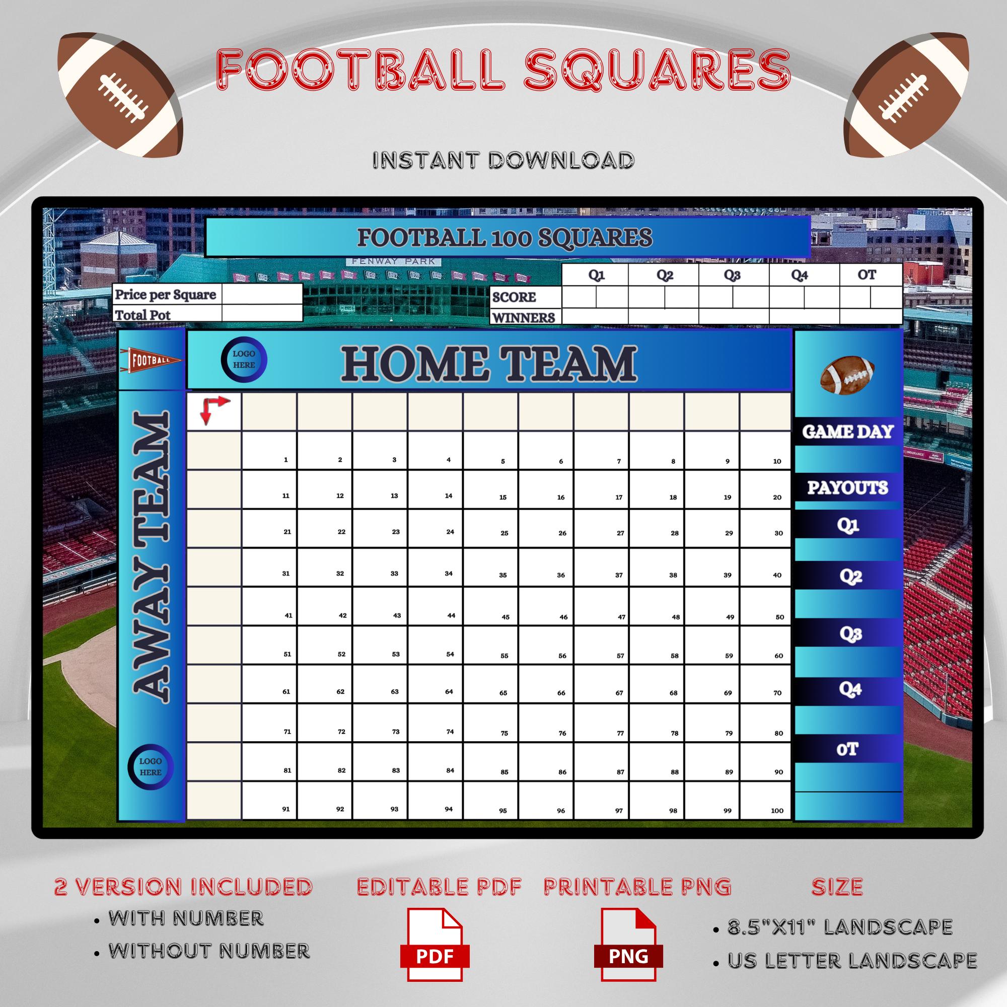 Editable Football 100 Squares Template Customizable Fundraising Grid