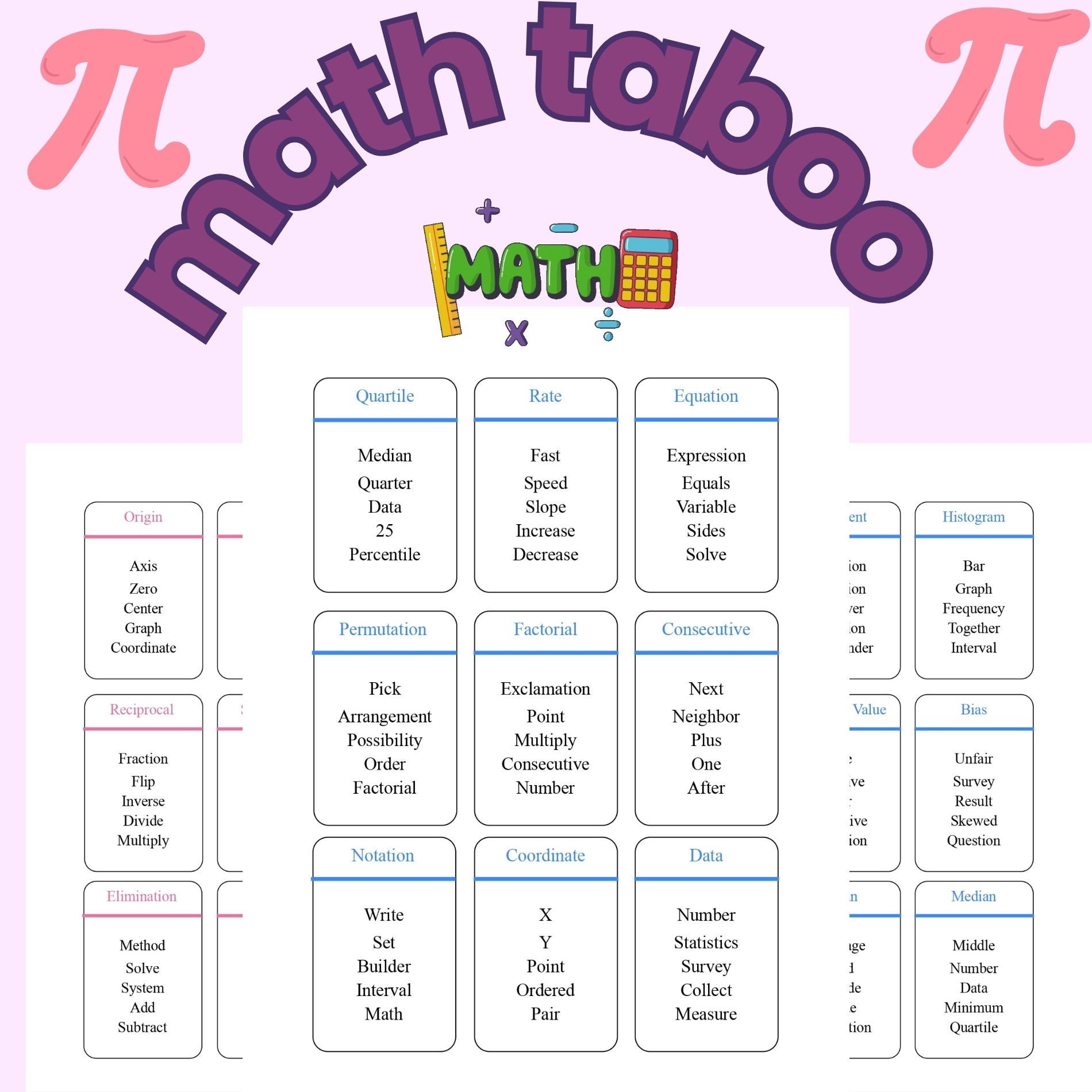 Printable Math Taboo Game,math Taboo Game, Instant Download,math Taboo Cards , Printable School ...