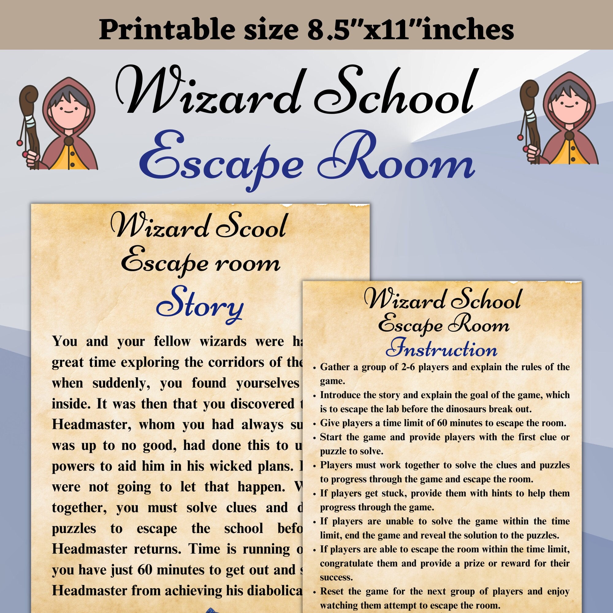 Wizard escape room game. Wizard school printable puzzle game