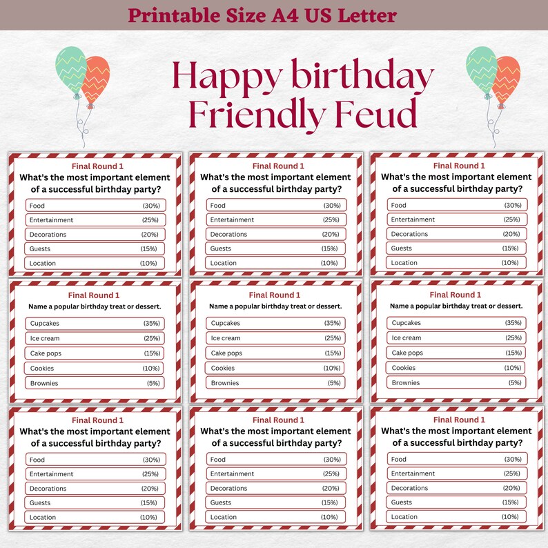 Birthday Feud Printable Game - Fun Party Activity for All Ages | Adult ...