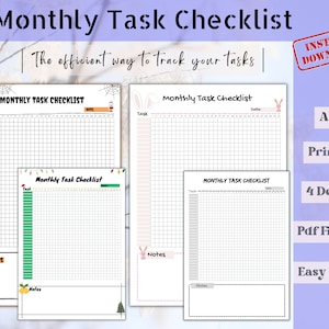 Op de afbeelding: Vier afdrukbare maandelijkse taakchecklist-sjablonen in A4-formaat. De ontwerpen bevatten een spinnenweb, een konijn, een kerstboom en een eenvoudig ontwerp. Elke checklist bevat een sectie voor taken, datums en notities.